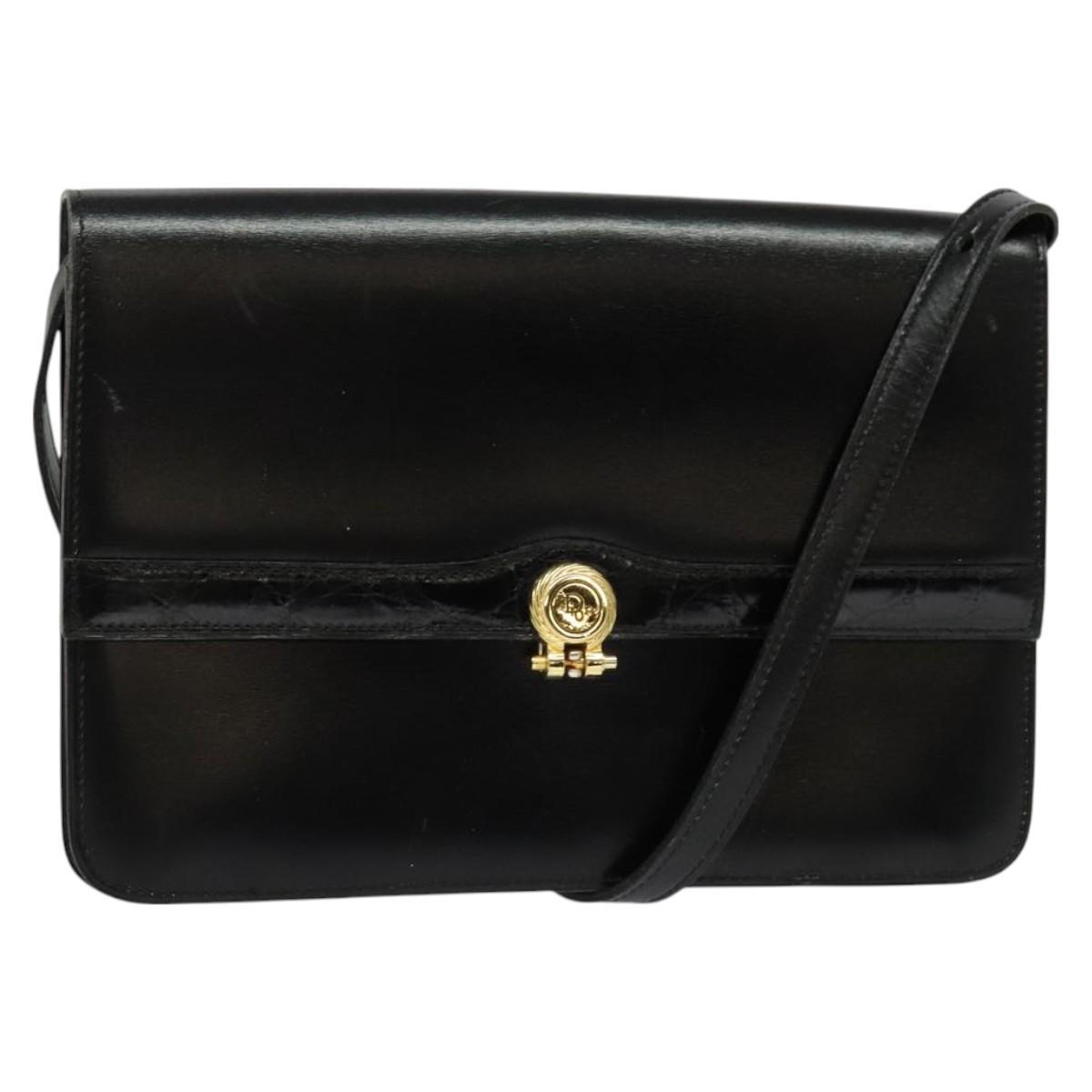 Christian Dior Shoulder Bag Leather Black Gold Auth Ba3321